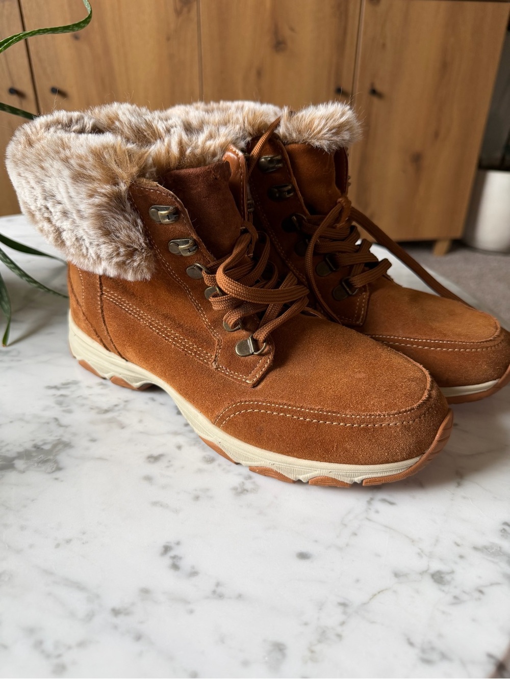 G.H. Bass & Co. Suede Lace-Up Winter Boots with Faux-Fur Cuff in Tan